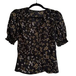 Banana Republic Black Floral Puff Sleeve Peplum Button Front Blouse XS Feminine